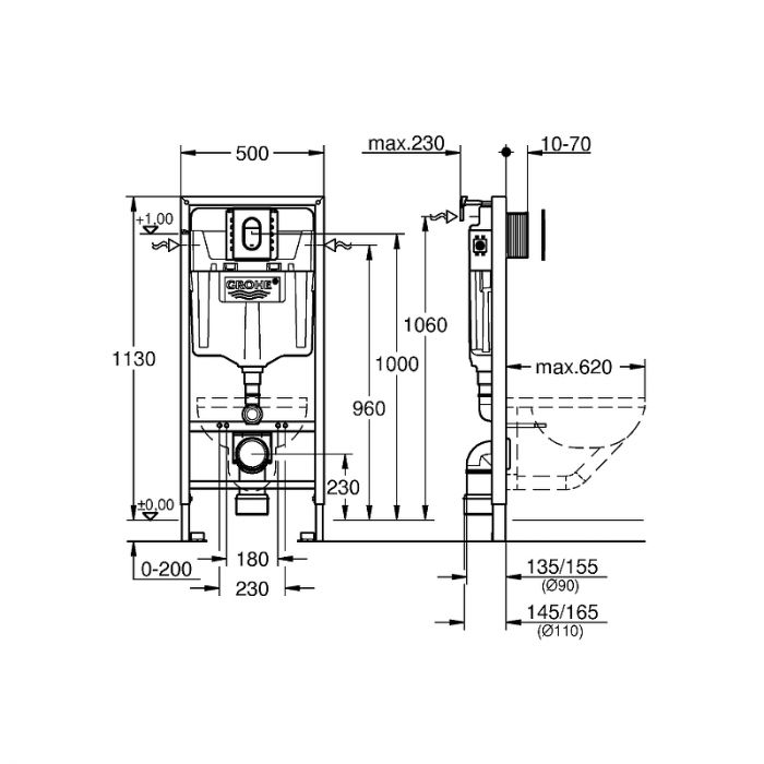 Инсталляция для унитаза Grohe Rapid SL 39504000 с клавишей смыва, хром