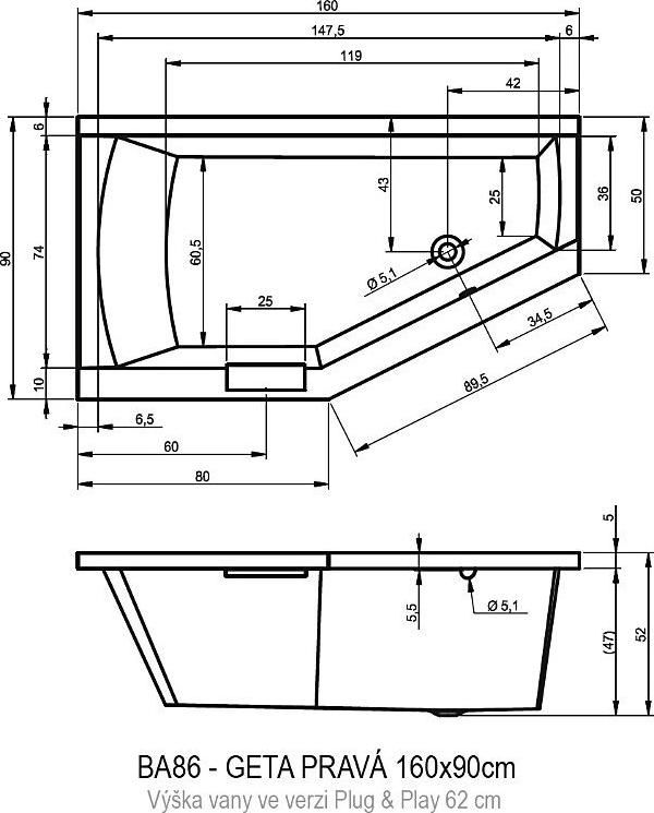 Акриловая ванна Riho Geta 160x90 R B029008005 без гидромассажа