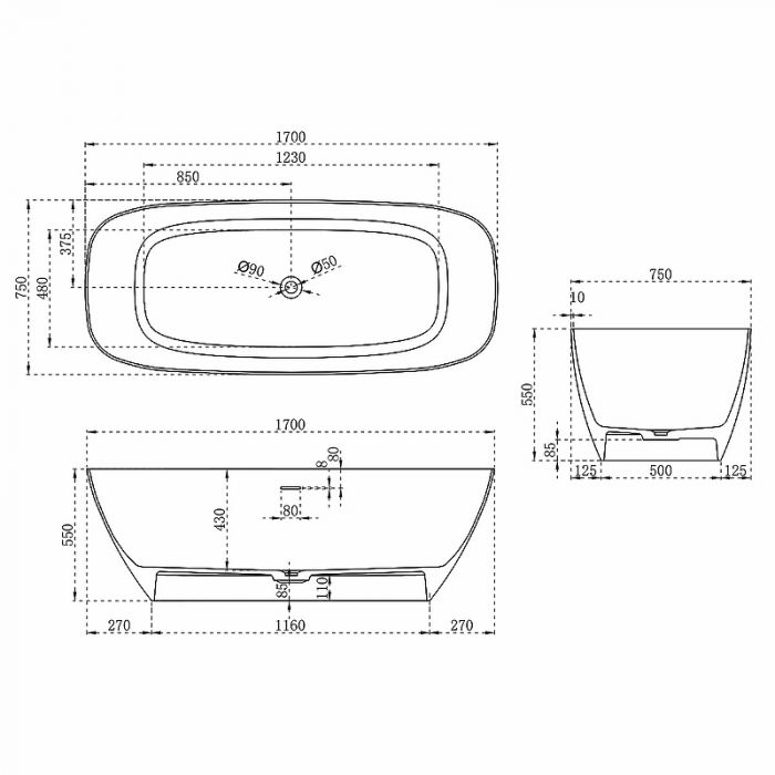 Ванна из искусственного камня Vincea 170x75 VBT-6S02MW, белая матовая