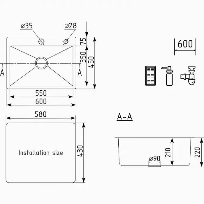 Кухонная мойка Ulgran US-600 US 600-002 черный