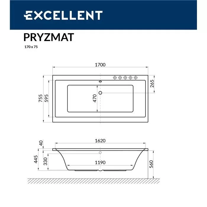 Акриловая ванна Excellent Pryzmat 170х75 WAEX.PRY17.SOFT.GL золото, белый