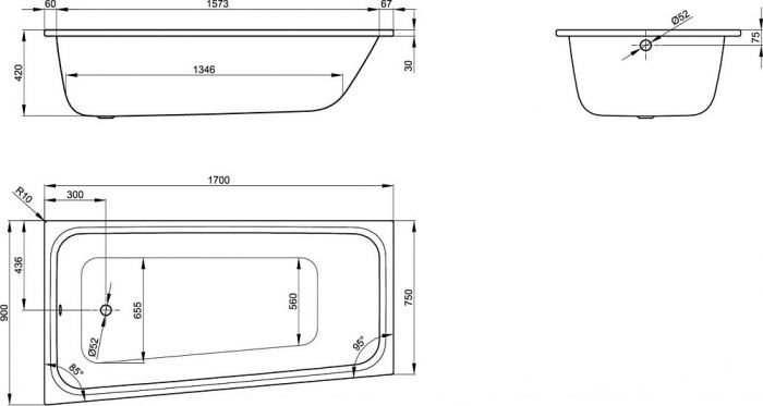 Стальная ванна Bette Space M 170x90 см 1131-000, левая