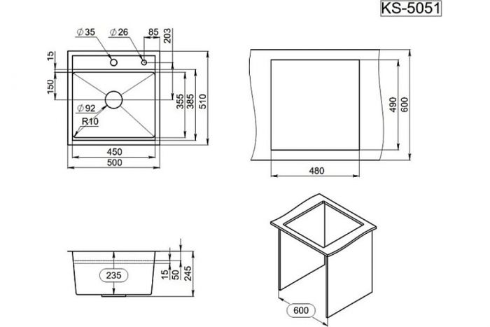 Мойка кухонная Granula Kitchen Space 5051, СТАЛЬ САТИН