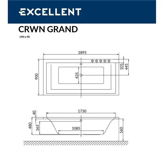 Акриловая ванна Excellent Crown Grand 190х90 WAEX.CRG19.LINE.CR хром, белый